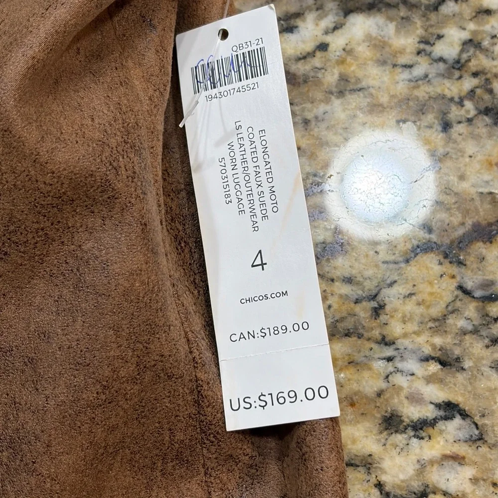 Chico's Elongated Moto Coated Faux Suede Jacket Worn Luggage Brown 4 20/22 ws